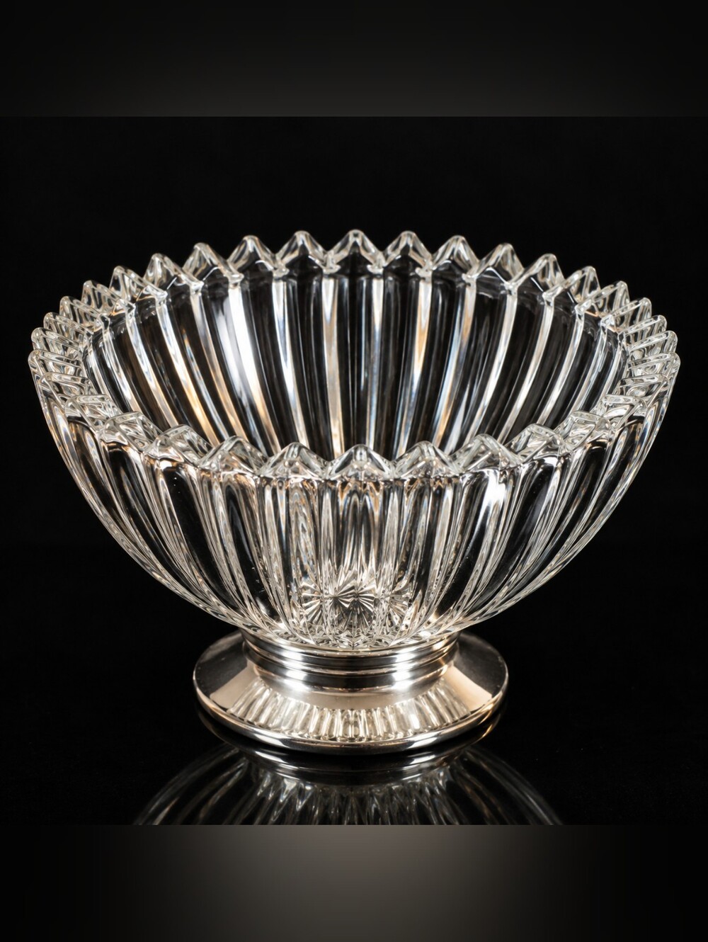 Vintage English Silverplate Footed Glass Bowl Sawtooth Rim 5.5”